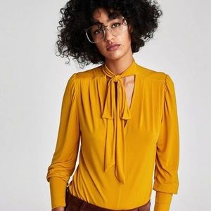 Zara Mustard Tie Long Sleeve Blouse Size S and M